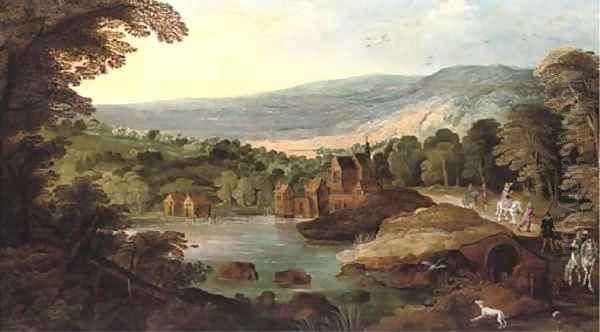 A wooded landscape with travellers on a road, a lake and a town nearby Oil Painting by Josse de Momper