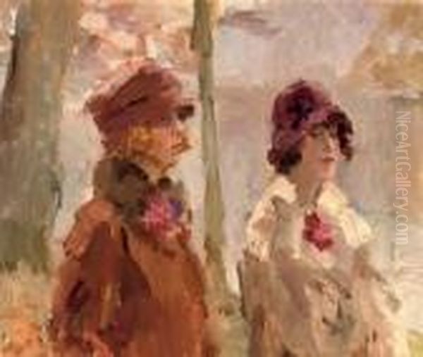 Meisjes In Het Haagsche Bosch: Elegant Ladies Strolling In The Park Oil Painting by Isaac Israels