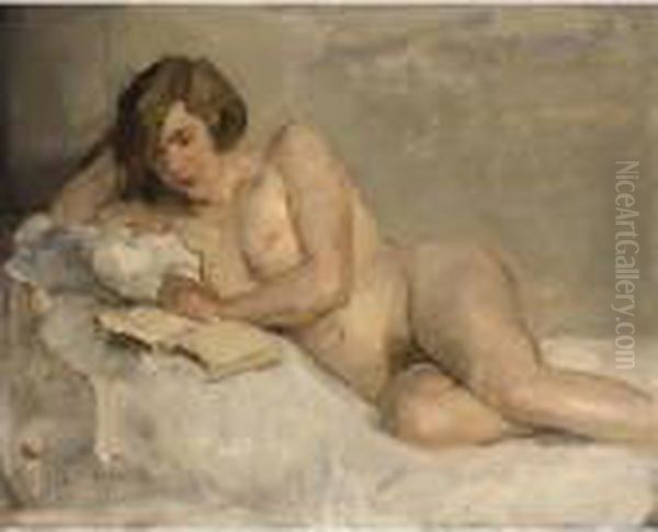 A Nude Reading (sjaantje Van Ingen) Oil Painting by Isaac Israels