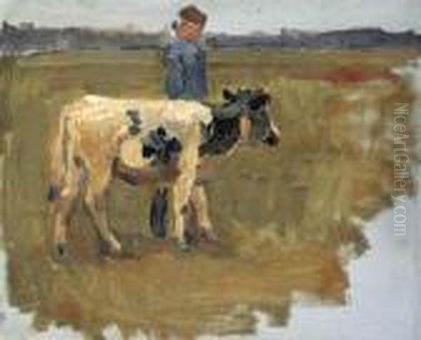 A Lad And A Cow In The Meadow Oil Painting by Isaac Israels