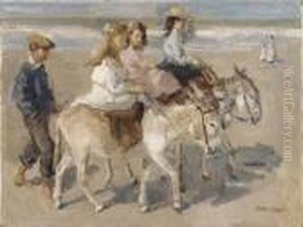 Ezeltje Rijden: A Donkey-ride On The Beach Oil Painting by Isaac Israels