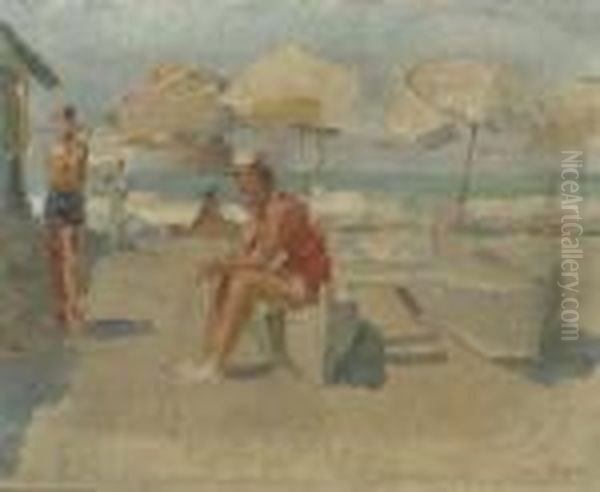 Lidostrand Met Parasols En Bootjes: At The Beach Of The Lido,venice Oil Painting by Isaac Israels