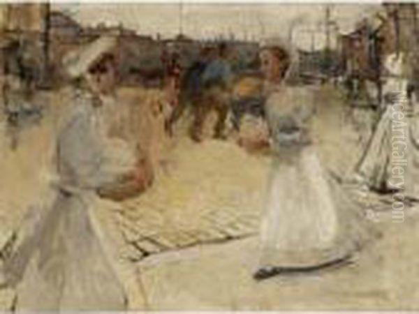 'meisjes Op De Munt' (servant Girls On The Muntplein, Amsterdam) Oil Painting by Isaac Israels