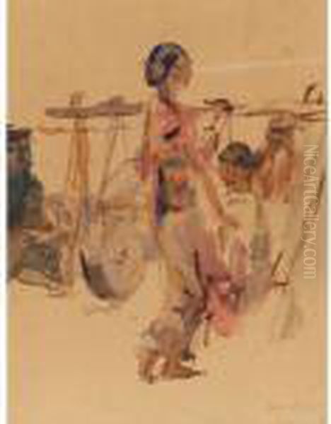 Woman Carrying Water Basket Oil Painting by Isaac Israels