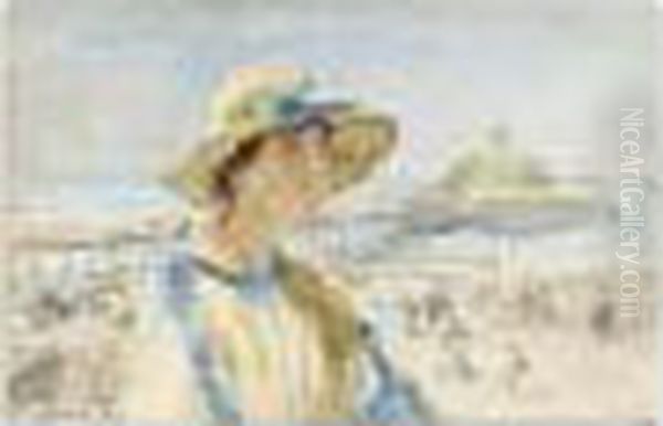 A Lady On A Terrace By The Pier, Scheveningen Oil Painting by Isaac Israels