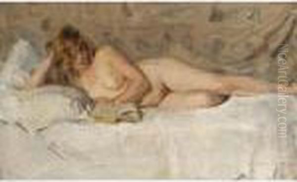 A Reclining Female Nude Reading Oil Painting by Isaac Israels