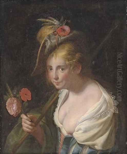 A shepherdess, with a bouquet of wheat, poppy and a rose Oil Painting by Paulus Moreelse