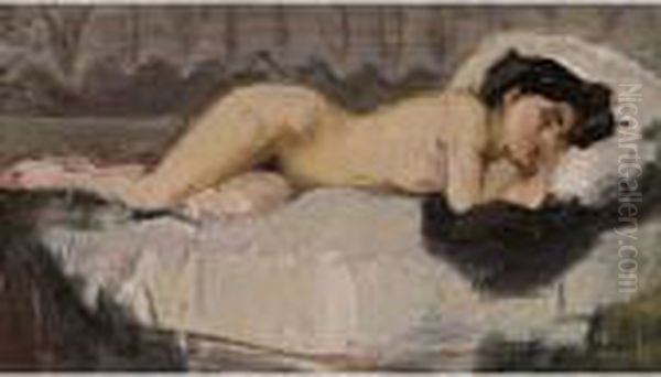 A Reclining Female Nude Oil Painting by Isaac Israels