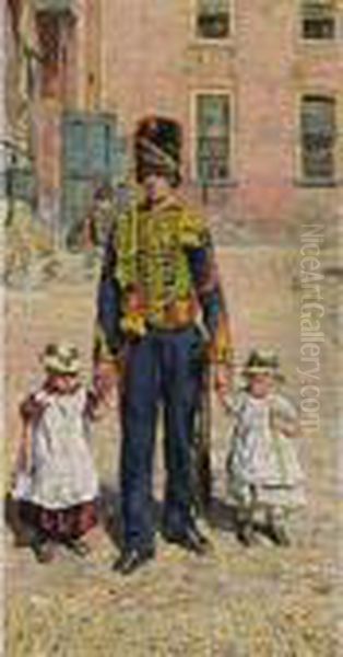 A Soldier With Two Children Oil Painting by Isaac Israels