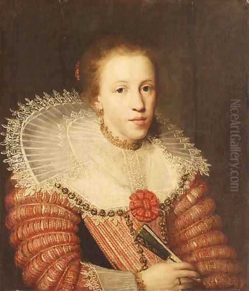 Portrait of a Lady, half length, wearing a red dress, a lace ruff and holding a fan Oil Painting by Paulus Moreelse