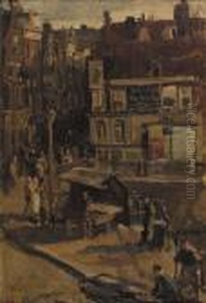 A Streetscene In Amsterdam With Townsfolk By A Bookstall Oil Painting by Isaac Israels