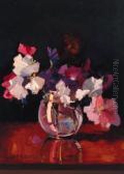 Sweet-peas In A Rotund Glass Vase Oil Painting by Isaac Israels