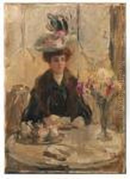 Het Dure Hoedje: An Elegant Lady Having A Cup Of Tea Oil Painting by Isaac Israels