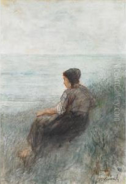 Watching On The Dunes (watching The Boats) Oil Painting by Jozef Israels