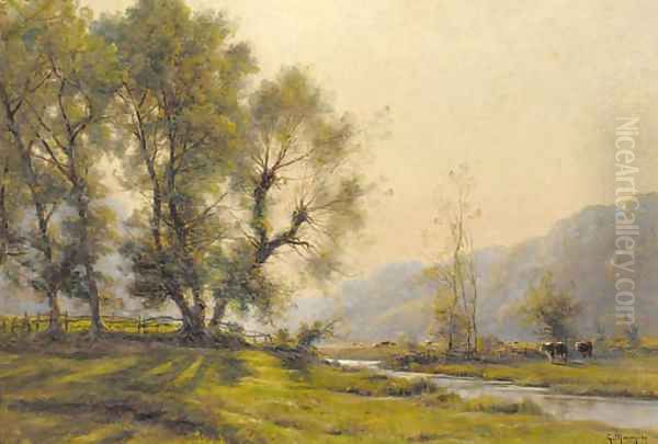 Cattle grazing in a river landscape Oil Painting by Georges Philibert Charles Marionez