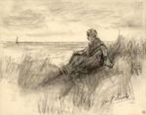 Woman Waiting On The Beach Oil Painting by Jozef Israels