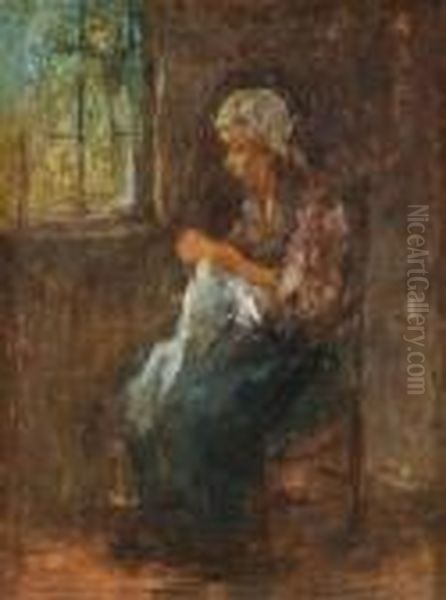 Old Woman Knitting Oil Painting by Jozef Israels