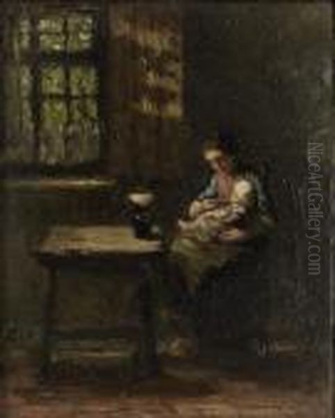 An Interior With A Mother Feeding A Child Oil Painting by Jozef Israels