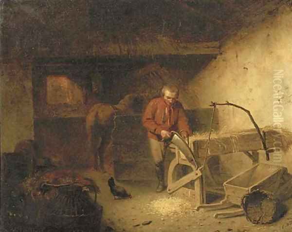 A farmer at work in a stable Oil Painting by Johannes Engel Masurel