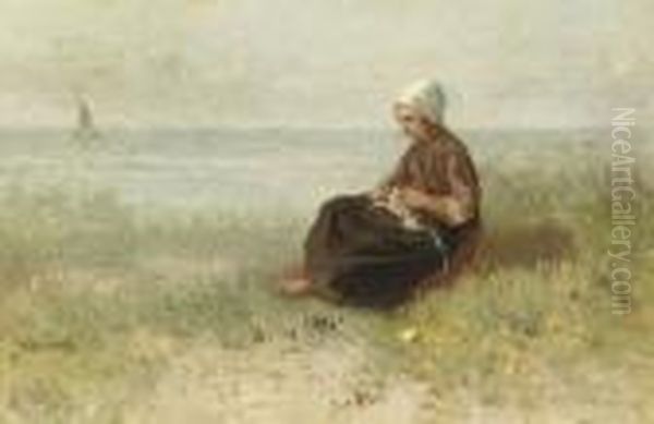 Meisje Op Het Duin: Knitting In The Dunes Oil Painting by Jozef Israels