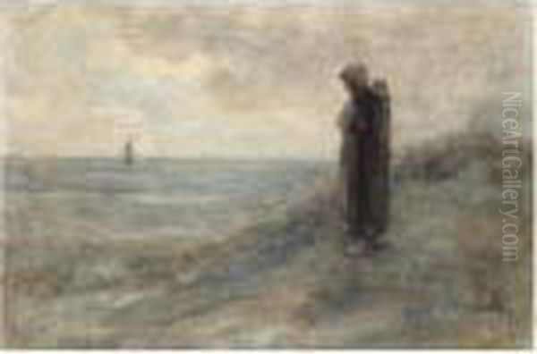 Awaiting The Fisherman's Return Oil Painting by Jozef Israels