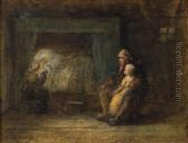 Interior With Dutch Peasant Family Oil Painting by Jozef Israels