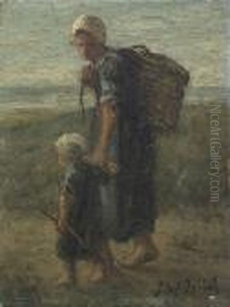 Fischerfrau Mit Ihrem Kind In Den Dunen Oil Painting by Jozef Israels