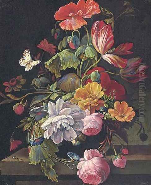 Roses, parrot tulips, poppies and other flowers in a vase on a stone ledge Oil Painting by Abraham Mignon