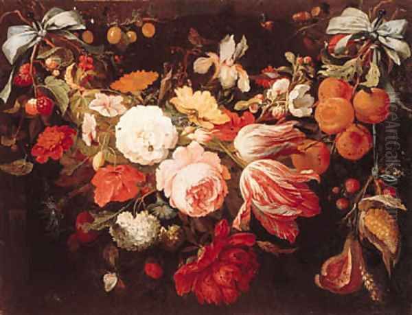 A swag of flowers and fruit with caterpillars Oil Painting by Abraham Mignon