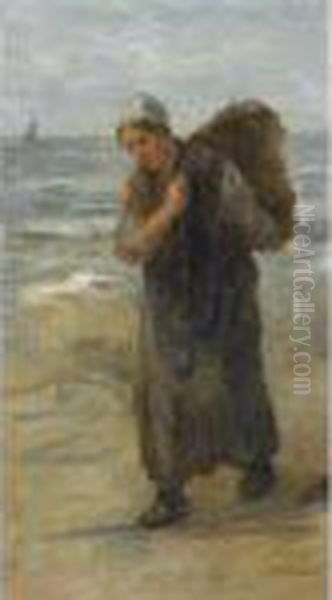 A Fisherwoman On The Beach Oil Painting by Jozef Israels