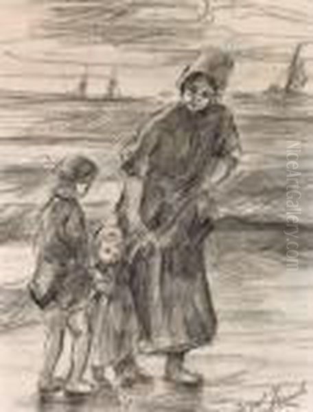 Mutter Mit Ihren Beiden Kindern Am Strand Oil Painting by Jozef Israels