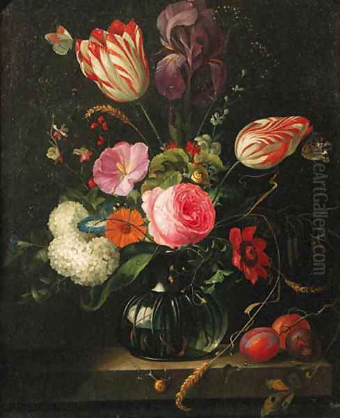 Tulips, roses, ears of corn, snowballs and other flowers in a glass vase with a branch of plums on a stone ledge, butterflies and snails Oil Painting by Abraham Mignon