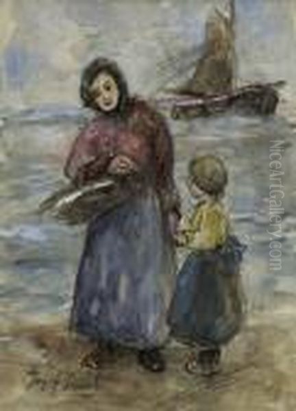 Mutter Mit Kind Am Strand. Oil Painting by Jozef Israels