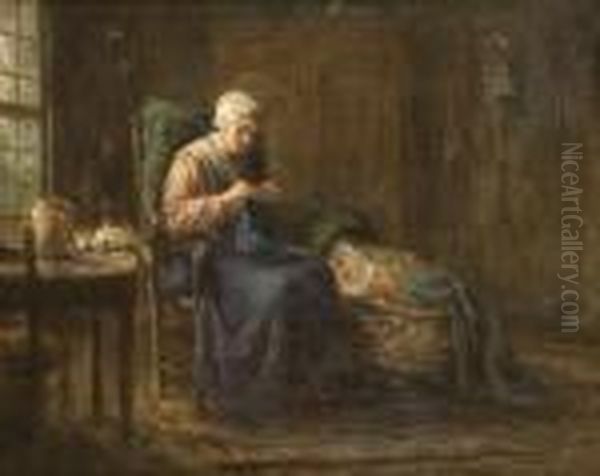 Mother Knitting With Baby At Her Side Oil Painting by Jozef Israels