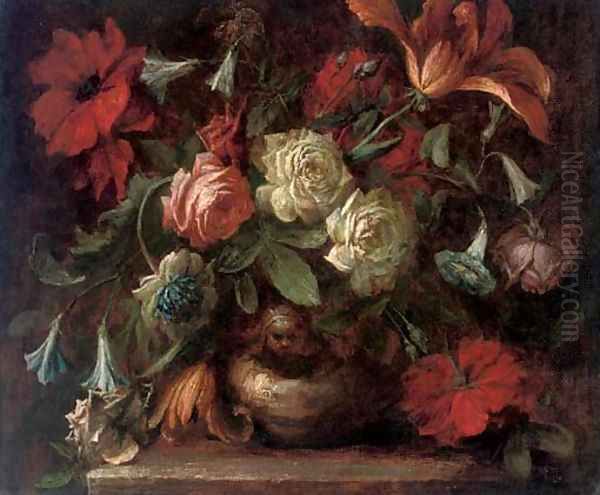 Roses, carnations, morning glory and a tulip in a vase on a ledge Oil Painting by Antonio Mezzadri