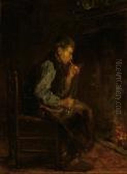 Smoking Man By A Heart-fire Oil Painting by Jozef Israels