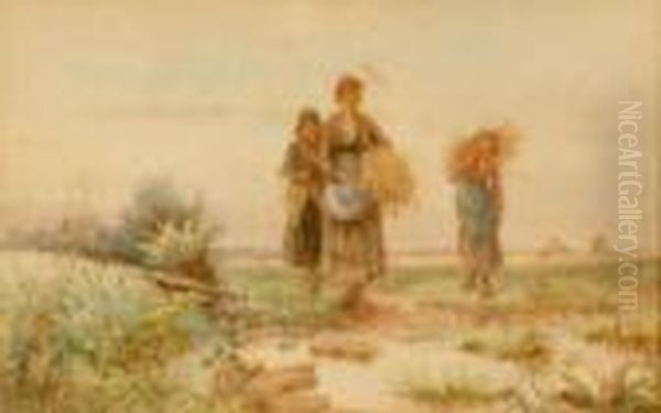 Harvest Scene With Female Farm Hands Carrying Sheaves Of Corn Oil Painting by Jozef Israels