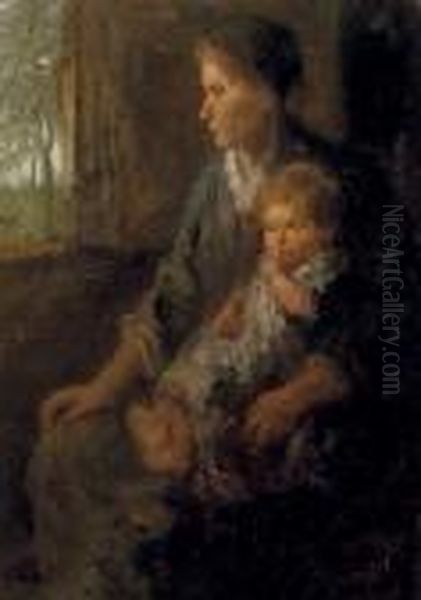 Onzekerheid: On Mother's Knee Oil Painting by Jozef Israels