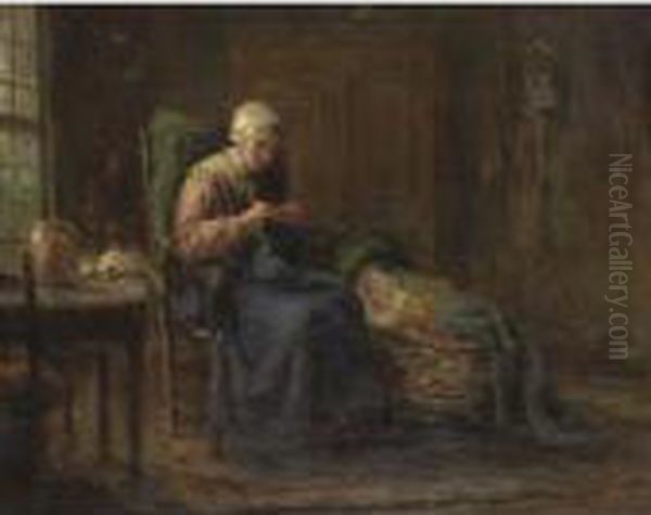 Mother Knitting With Baby By Her Side Oil Painting by Jozef Israels