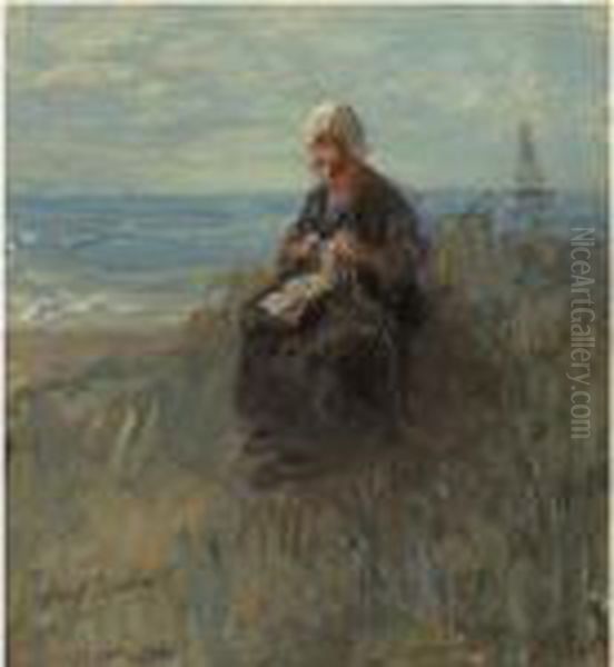 Woman Knitting By The Shore Oil Painting by Jozef Israels