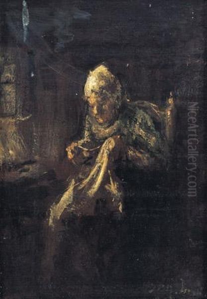 Woman Kniting Oil Painting by Jozef Israels