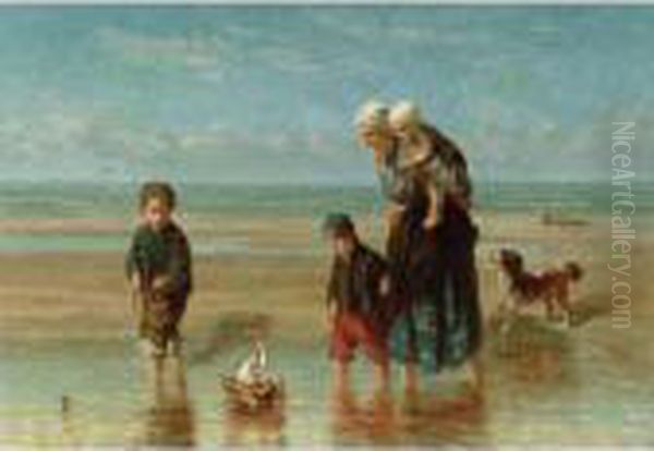 Mother And Children By The Shore Oil Painting by Jozef Israels