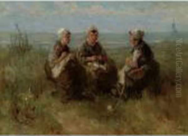 Three Women Knitting By The Sea Oil Painting by Jozef Israels