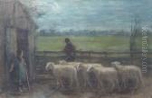 Het Binnendrijven Der Schapen: Guiding The Flock Home Oil Painting by Jozef Israels