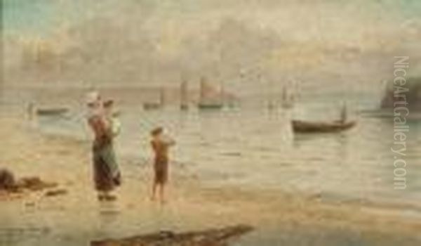 Figures On A Shoreline With Boats Beyond Oil Painting by Jozef Israels