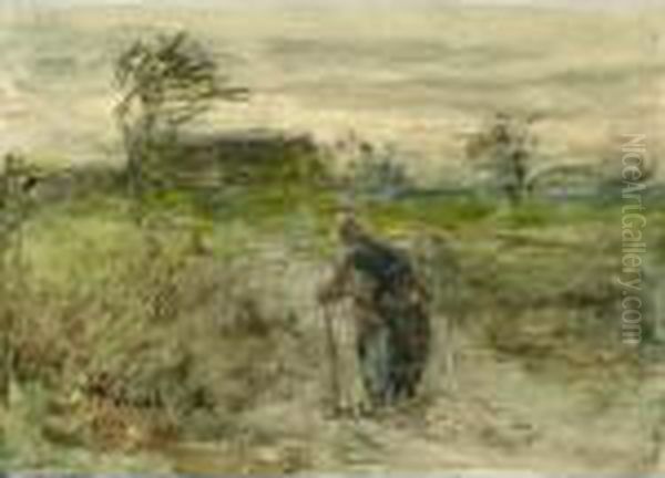 A Peasant Woman In A Landscape Oil Painting by Jozef Israels