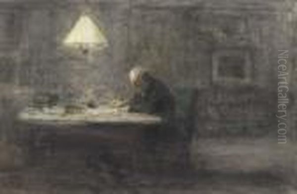 Onder De Lamp: A Self Portrait Of The Artist Writing In His Study Oil Painting by Jozef Israels