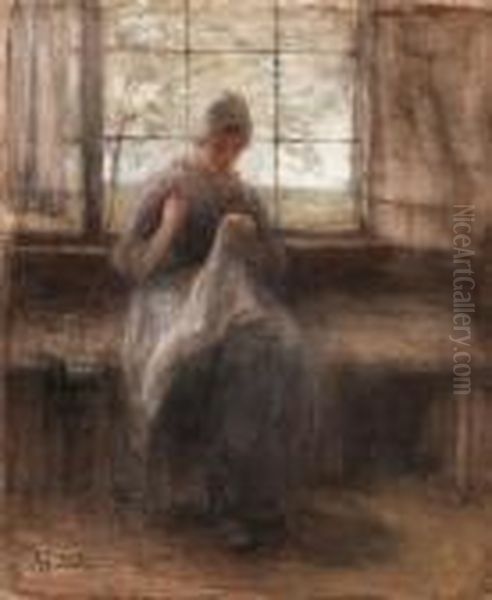 Girl Sewing By A Window Oil Painting by Jozef Israels