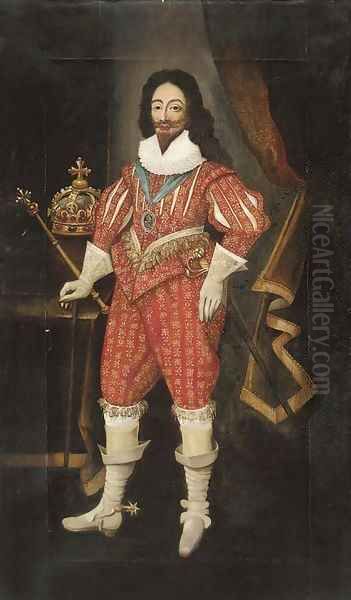 Portrait of King Charles I (1600-1649), full-length, wearing a red doublet and breeches, with a crown and sceptre to his side Oil Painting by Daniel Mytens