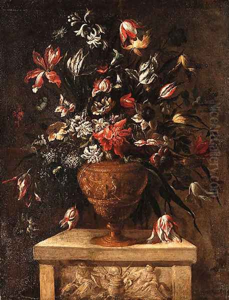 Flowers in a sculpted Vase on a stone Plinth Oil Painting by Dei Fiori (Nuzzi) Mari